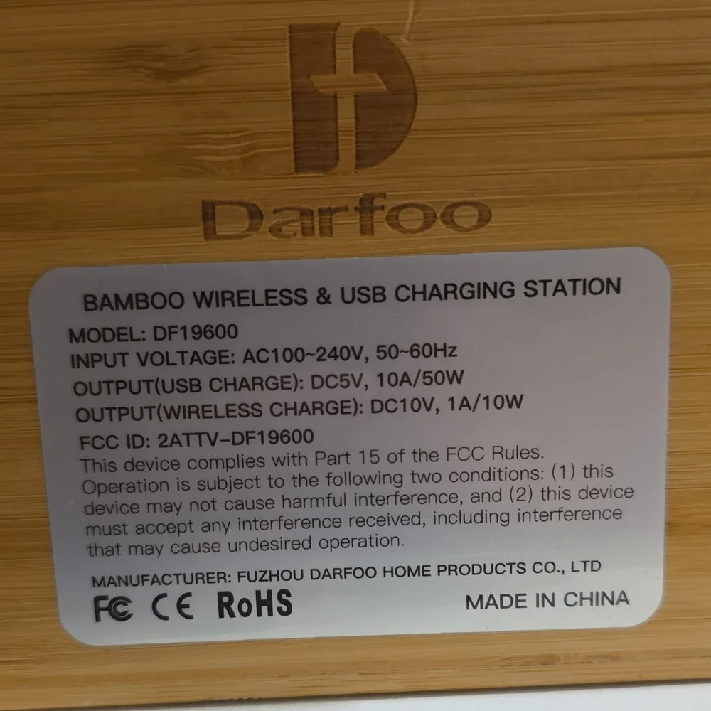 Darfoo DF19600 Bamboo Wireless & USB Charging Station, Brown, 6-Port, Qi, USB